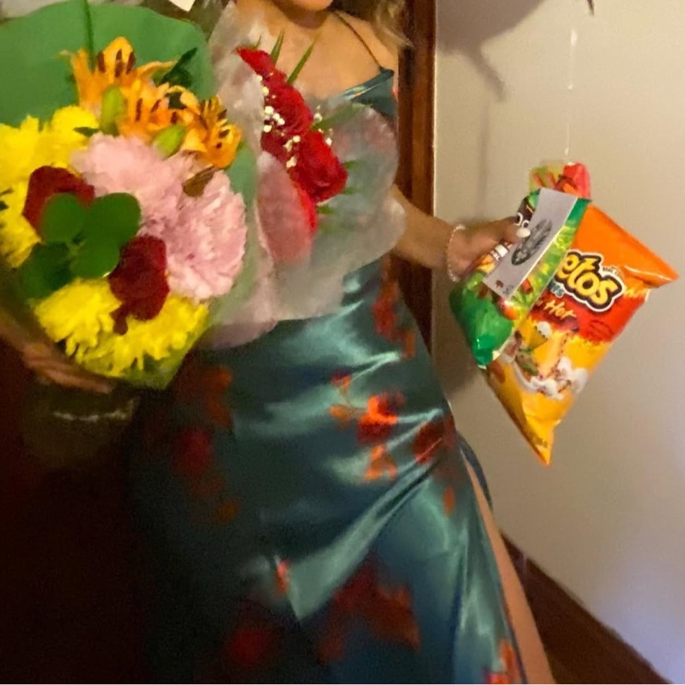 Floral Satin Dress with Red and Green Accents